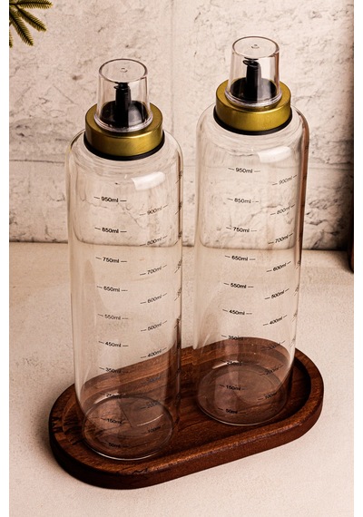Bottle - 3 Parça Ahşap Standlı Damlatmaz 1 Lt Cam Yağdanlık Borosilikat Yağlık Sirkelik 1000ml SNPBOTTLEGLD3