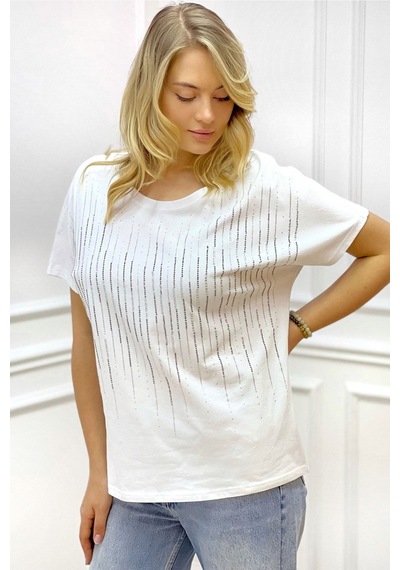 Rich Glam Bol Kesim Bisiklet Yaka Büyük Beden Crystal Taşlı Kadın T-shirt Beyaz
