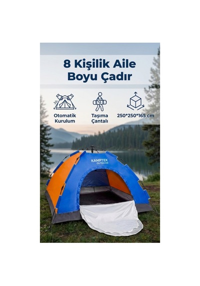 Kamptek Outdoor 8 Kişilik Otomatik Kurulum Kamp Doğa Deprem Acil Durum Çadırı 250x250x165 Cm Çok Renkli