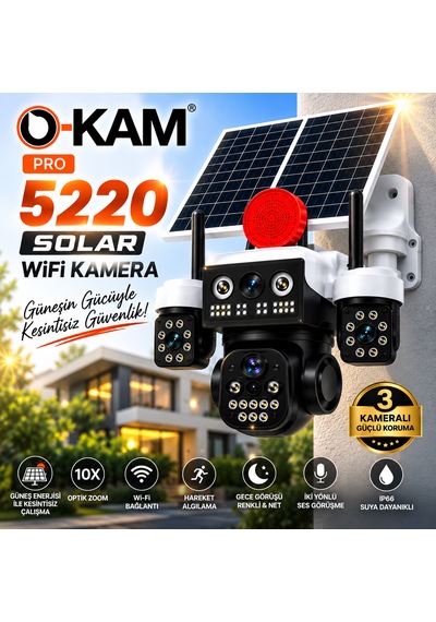 O-kam Pro 5220 Solar Wifi Güvenlik Kamerası Güneş Enerjili Kablosuz Dış Mekan Kamera Gece Görüşlü Hareket Algılamalı Çift Yönlü Sesli