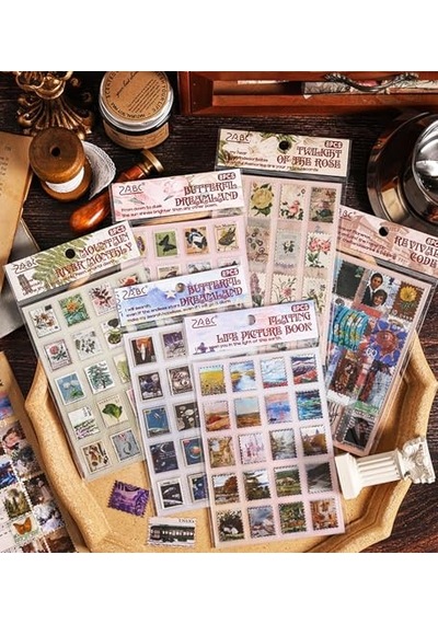 Vintage Pul Desenli Sticker Seti 4 Sayfa Scrapbook Etiketi Genel