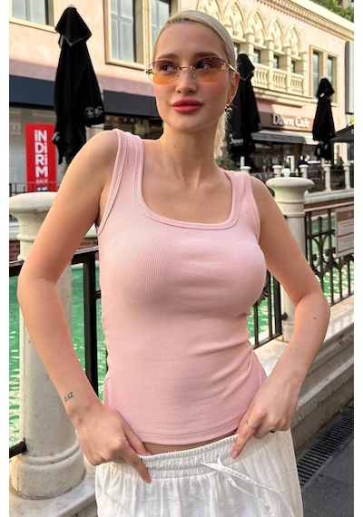 Madmext Pembe Fitilli Görünümlü Askılı Basic Atlet Mg2057 Pembe