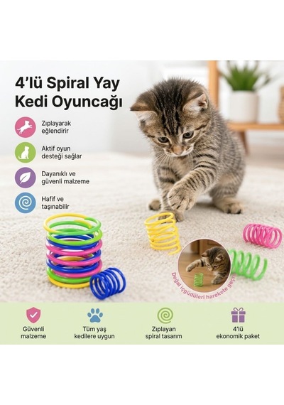 Buffer 4'lü Renkli Spiral Yay Kedi Oyuncağı, Esnek Ve Hareketli Eğlenceli Kedi Oyun Seti