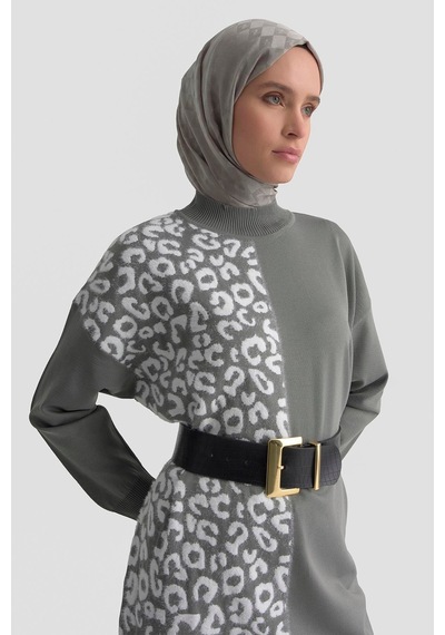 Armine Trend Leopar Desenli Balıkçı Yaka Triko Tunik Gri 25ytd4110 Gri