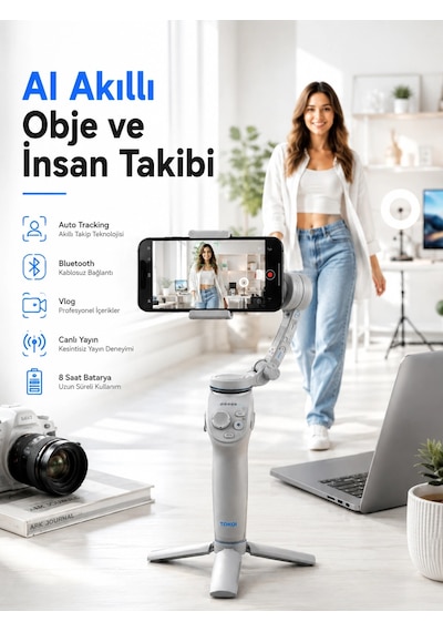 Mey İthalat Yapay Zeka Takipli Telefon Gimbali Katlanabilir Tripod Bluetooth Kontrollü Dahili Led Işıklı Belirtilmemiş