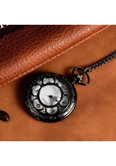 Valkyrie  Vintage Retro Roma Rakamlı İşlemeli Cep Köstekli Saat Siyah