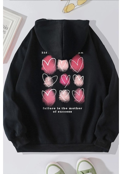 Unisex Heart Sırt Baskılı Oversize Sweatshirt Siyah