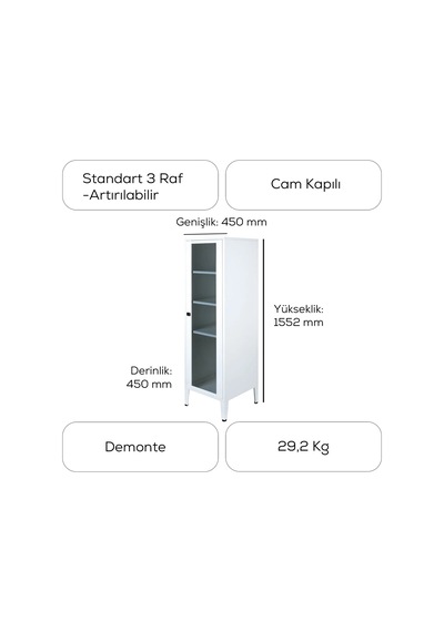 Alfahome Ziglat Serisi Cam Kapaklı Kilitli Metal Home Office Dolabı Beyaz Ral 9003 450x1390x450 Mm