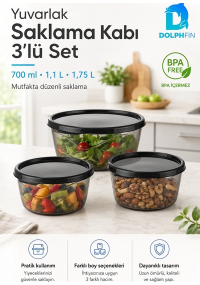 3 Lü Yuvarlak Saklama Kabı Seti 700 Ml 1,1 L 1,75 L Füme Şeffaf Bpa İçermez Siyah