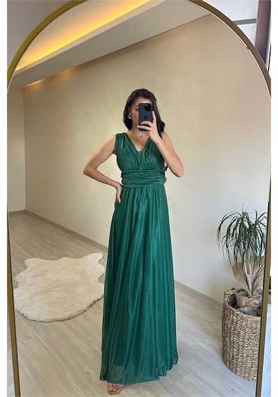 Neşeli Butik Kadın Drapeli Işıltılı Kalın Askılı Abiye Elbise Nm003 Zümrüt Yeşili
