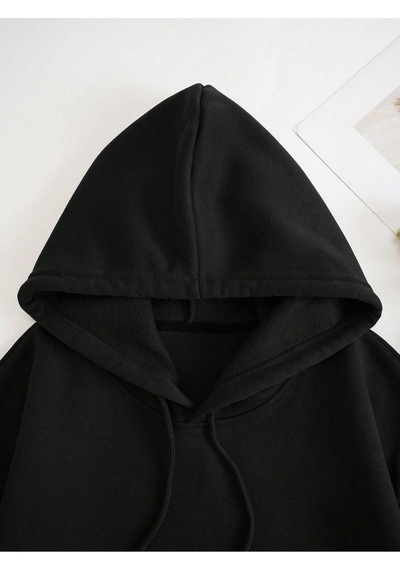 Coke Serisi Skeleton Print Zip Up Thermal Lined Drawstring Hoodie Siyah