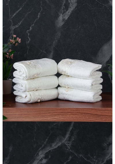 % 100 Pamuklu Kadife Güpürlü İnci Işlemeli 6 Lı Çeyizlik El Yüz Havlu Seti - 30x50 Cm - 04466 - Beyaz Beyaz
