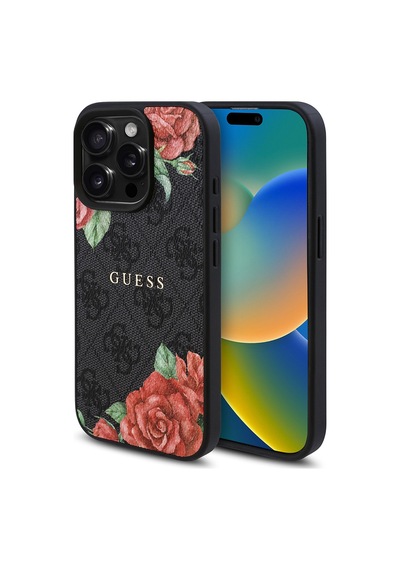 Apple Uyumlu iPhone 15 Pro Kılıf Guess Lisanslı Magsafe Şarj Özellikli Gül Baskılı 4g Desenli Yazı Logolu Siyah
