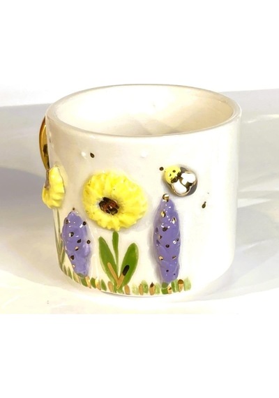 Premium Kalite 24 Ayar Altın Detaylı El Yapımı Papatya Kabartmalı Mug 200 Ml Flower Daisy