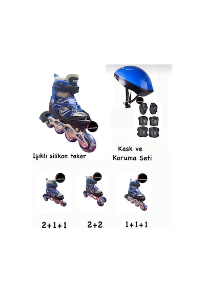 Işıklı Çocuk Pateni Ayarlanılabilir Silikon Tekerli Frenli Metal Gövdeli Paten Ve Kask Dizlik Set Mavi