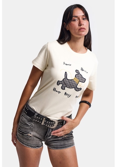 Kadın Bej Bol Kesim Köpek Nakışlı Özel Tasarım T-shirt Sarı
