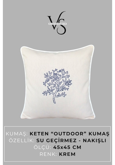 Kırlent Kılıfı 45x45 3'lü Set + 145x40 Runner Marin Nakışlı Yosun Desen Su İtici Outdoor Keten Krem