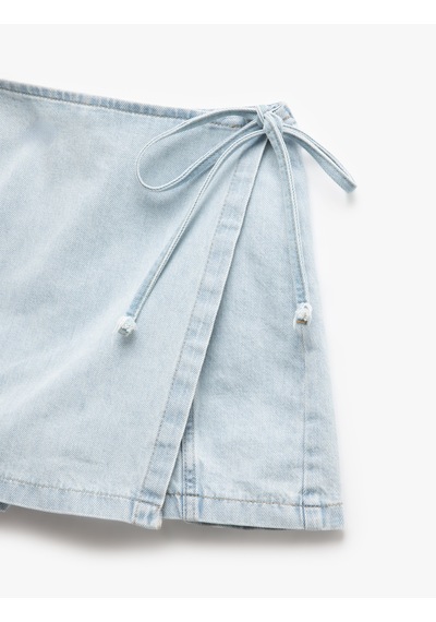 Koton Pamuklu Bağlama Detaylı Mini Denim Şort Etek Bleach 5sal40010md Açık Mavi