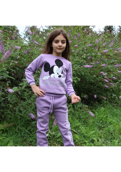 Milenawear by Milena Mickey Baskılı Bisiklet Yaka Kalın Kız Çocuk Alt Üst Takım Mor Lila