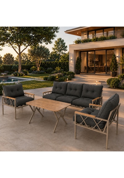 Miray Cappuccino 311 Masalı Bahçe & Balkon Oturma Grubu 3+1+1 Metal İskelet, Antrasit Minderli