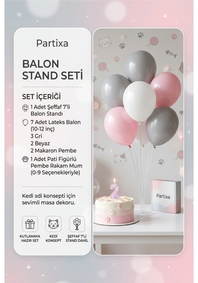 Kedi Temalı Pati Figürlü Rakam Mum Ve Balon Standı Seti - Doğum Günü Parti Süsleri 0-9 Yaş 0-99