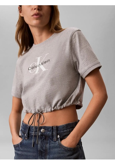 Calvin Klein Ss Monologo Cropped, P79 Gri Kadın T-shirt