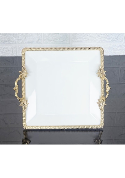 Porselen Küçük Sade Kare Servis Tabağı-sunumluk Döküm Gold Çerçeve Ve Ayaklı 22cm Beyaz