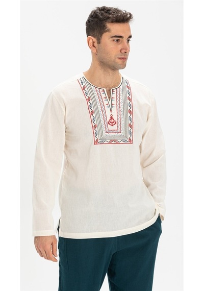 Uzun Kol Şile Bezi Bisiklet Yaka Bahriyeli Erkek T-Shirt Krem 300
