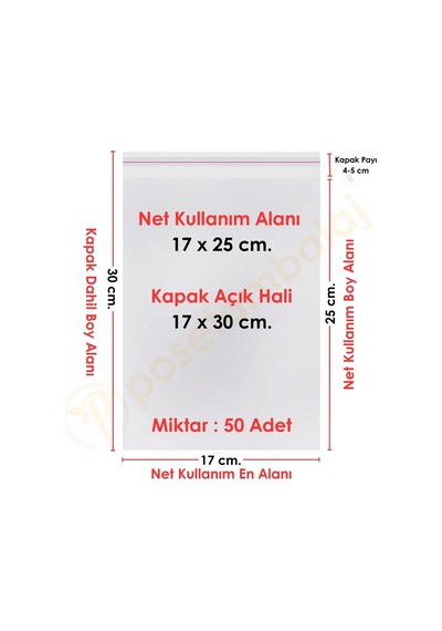 17x25+5 Cm. 17x30 50 Adet Şeffaf Bantlı Yapışkanlı Opp Poşet