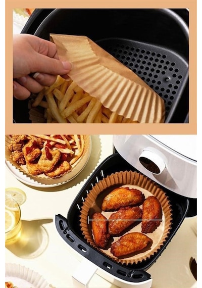 50 Adet Air Fryer Pişirme Kağıdı Tek Kullanımlık Hava Fritöz Yağ Geçirmez Yapışmaz Tabak Model Kahverengi
