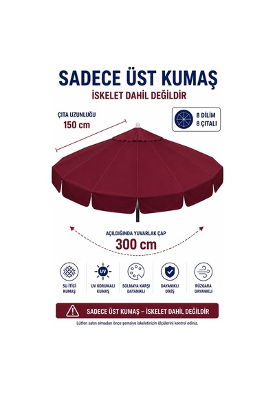 Bordo Polyester Kumaş 300 Cm / 8 Telli Makaralı Şemsiye İle Uyumlu