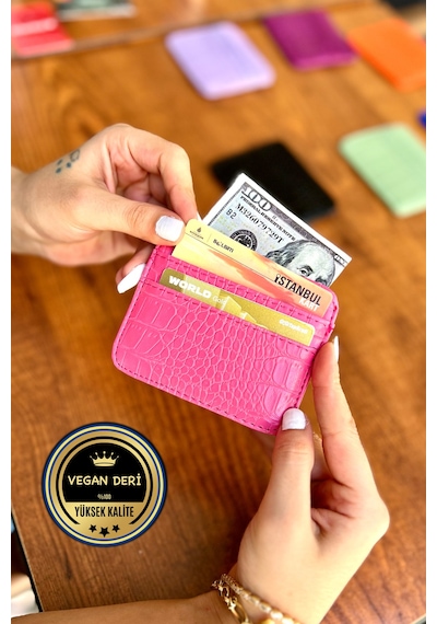 Mimi Pink Vegan Deri Kadın Süper Slimçift Taraflı Kartlık Pembe