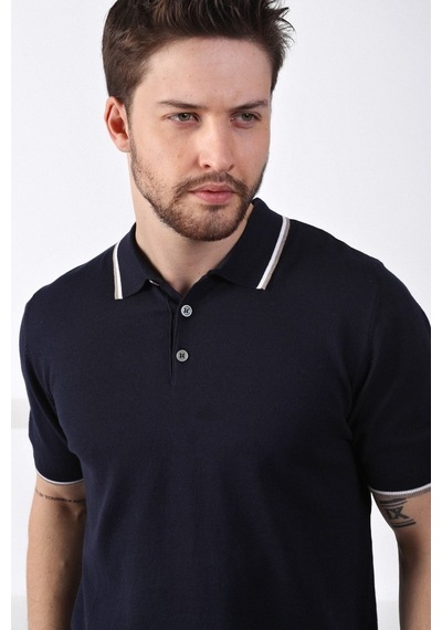 Ferraro Laci/Beyaz Yaka Şerit Düğmeli Erkek Pamuk Triko T-Shirt