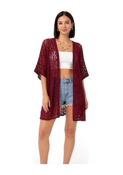 Trend Alisse Kadın Dantel Görünümlü File Kimono Pareo Hırka Bordo