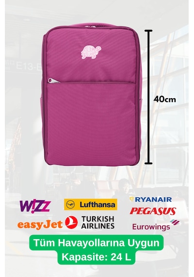 Jet Turtle Seyahat Sırt Çantası 40cm 40x25x15 Cm Pegasus, Wizz Air, Ryanair, El Valizi Koltuk Altı Valizi Koyu Pembe