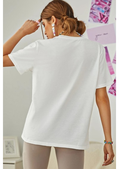 Unisex Be Happy Baskılı Oversize Tshirt Beyaz