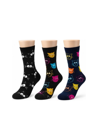 Unisex Kedi Desenli Çorap 3 Lü Set Pamuklu Renkli Uzun Soket Dikişsiz Nefes Alan Rahat Günlük Çorap Çok  Renkli