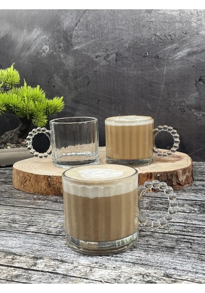3 Lü Cam Boncuk Kulplu Bardak Kupa Çay Kahve Meşrubat Bardağı 325ml Beyaz - Çok Renkli