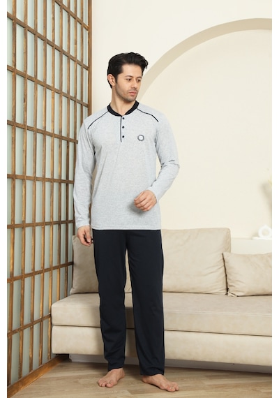 Enisena Erkek %100 Pamuklu Pijama Takımı-3 Düğmeli-12440 Gri