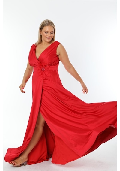 Ladies First Büyük Beden 3434 Kırmızı Uzun Abiye Elbise