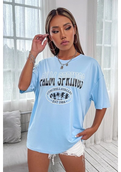 Uyguntarz Palm Springs Baskılı Oversize Unisex T-shirt Bebe Mavisi