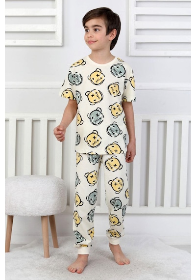 Erkek Çocuk %100 Pamuk Baskılı Pijama Takımı Kısa Kollu, Sevimli Desenler Bej