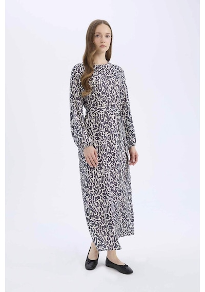 DeFacto Regular Fit Bisiklet Yaka Desenli Kuşaklı Uzun Kollu Maxi Elbise D9835AX25SMNV241 DeFacto Regular Fit Bisiklet Yaka Desenli Kuşaklı Uzun Kollu Maxi Elbise D9835AX25SMNV241