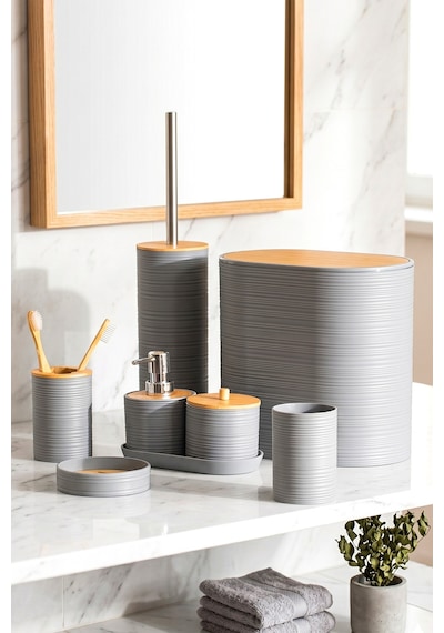 Porsima 4532 8 Parça Banyo Seti - Bambu Kapaklı Çöp Kovası, Sabunluk, Diş Fırçalığı Ve Wc Fırçası Gri Grı