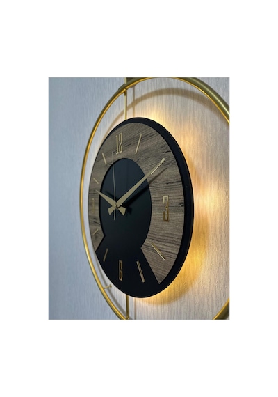 Pey Aksesuar 50x70 Cm Metal Ahşap Ve Işığın Muhteşem Uyumu Duvar Saati Dekoratif Ahşap-m54-gold-siyah-dikkat -keçe-gold