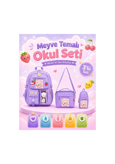 Kore Tarzı Okul Çantası / 3'lü Kız Çocuk İlkokul Çanta Seti Termal Beslenme Çantası / Kalemlik Lila