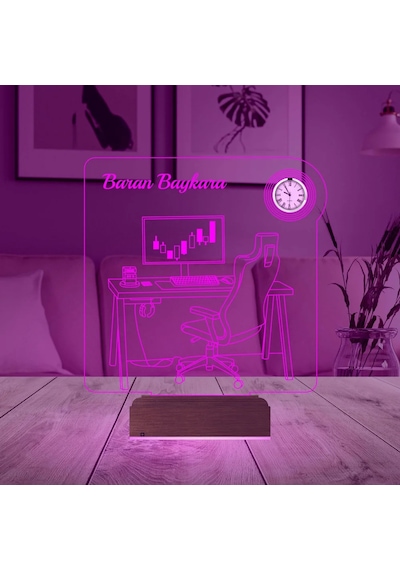 Luvivia Bilgisayar Trader Borsacı Broker Kişiye Özel Metal Saatli 3d Lamba - Masa Gece Lambası Şeffaf