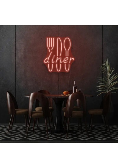 Restoranlara Özel Diner Yazılı Çatal,bıçak,kaşık Şekilli Neon Tabela Kırmızı