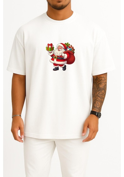 Bahriyeli Collection Oversize Noel Baba Yılbaşı Göğüs Baskılı Unisex T-shirt Beyaz