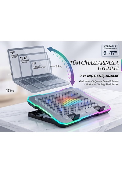 6 Fanlı Rgb Notebook Soğutucu, 9-17 İnç Laptop Uyumlu, 5 Kademeli Ergonomik Yükseklik Ayarı, Çift Usb Girişli, 10 Farklı Işık Modu Güçlü Soğutma Çözümü, Laptop Stand Ea-01